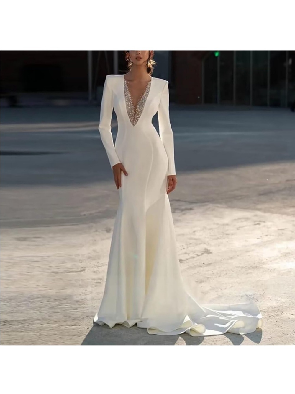 Elegant White Long-Sleeve V-Neck Evening Gown with Sparkle Trim